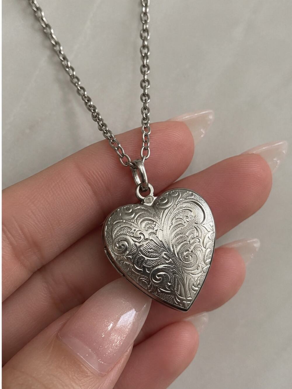 Silver Engraved Heart Locket Necklace Y2K Coquette Romantic